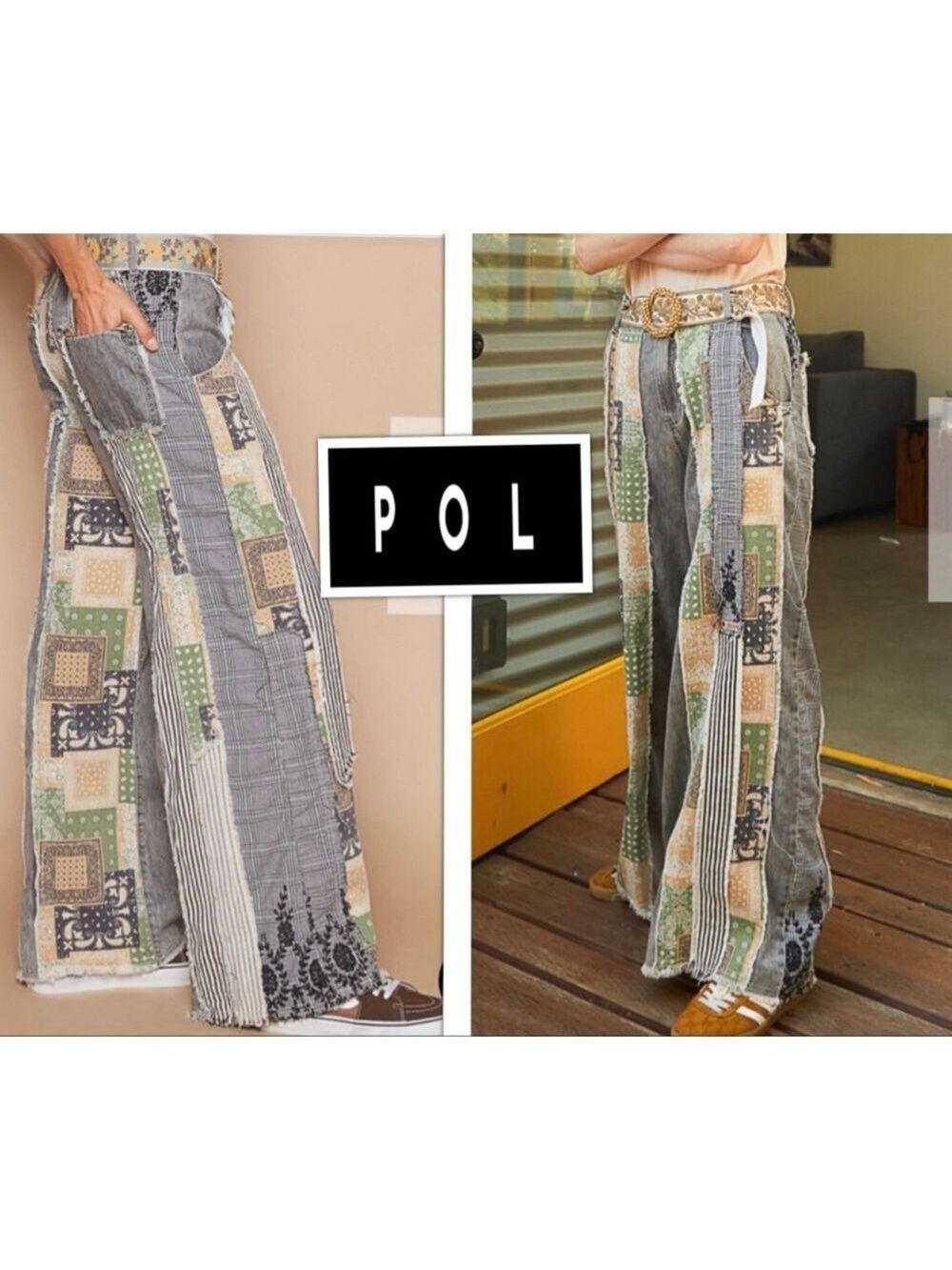 NEW POL Boho Patchwork Baggy Jeans Size Large Indie Sleeze Wide Leg Pants NWT